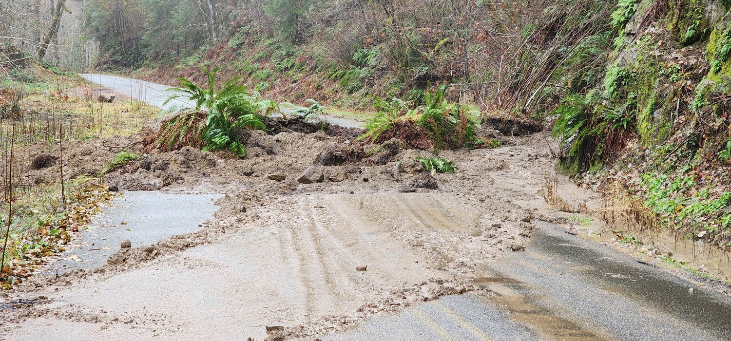 Forest Service Road 52, also known as Skate Creek Road, is blocked at milepost 18.5 after an “impassable” landslide on Tuesday, Dec. 5.